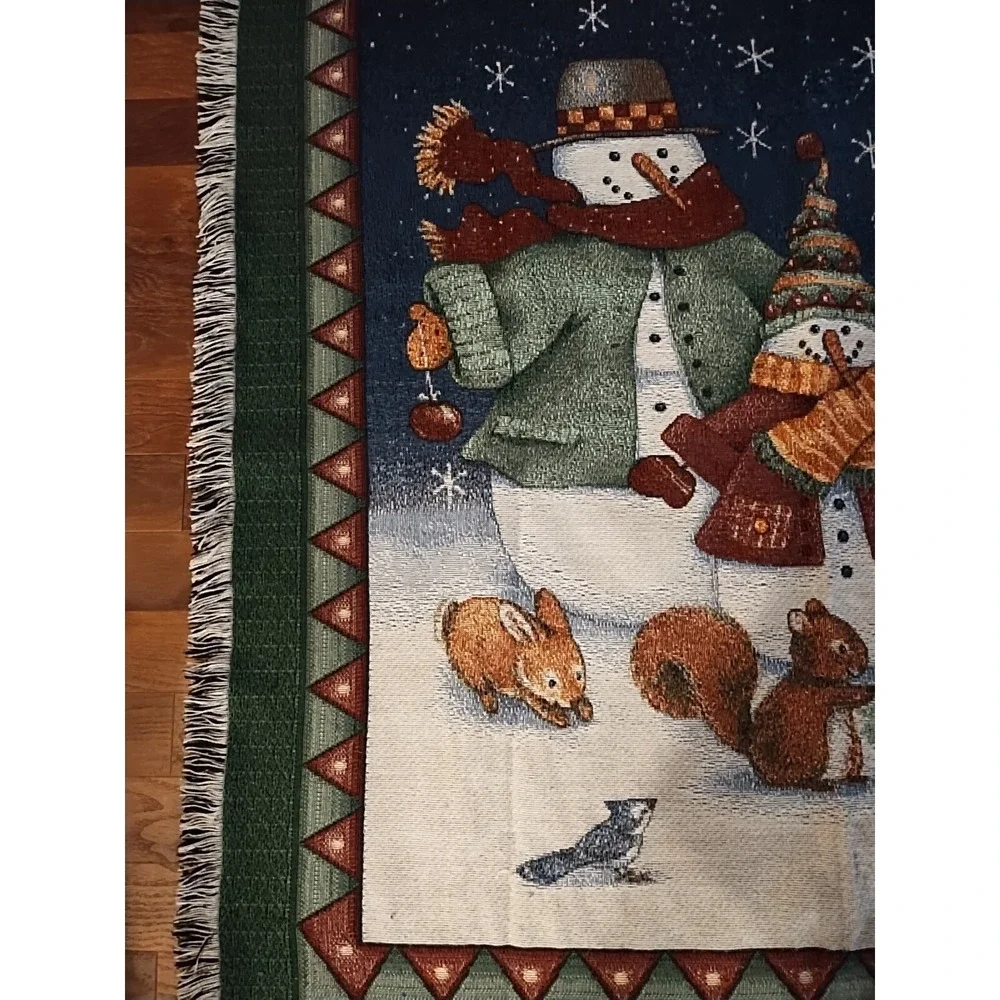 Snowman Winter Blanket Snowflakes Throw Fringed Vintage 51 X 58  2 Throw Pillows